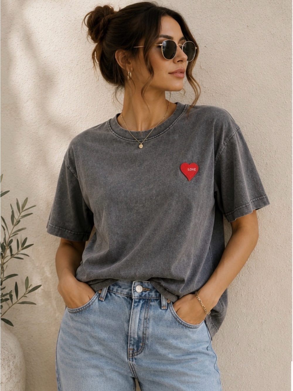 Washed Gray Tee with Red Heart Patch
Available black and gray color